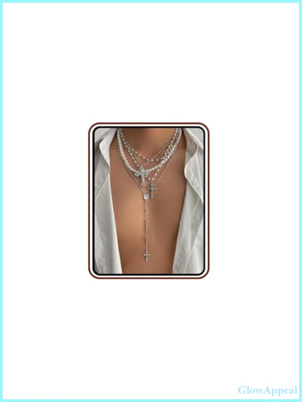 Gold Tone Layered Cross Necklace Set with Faux Pearls and Crystal Details